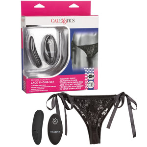 Remote Controlled Lace Thong Rechargeable Panty Teaser Set - Black