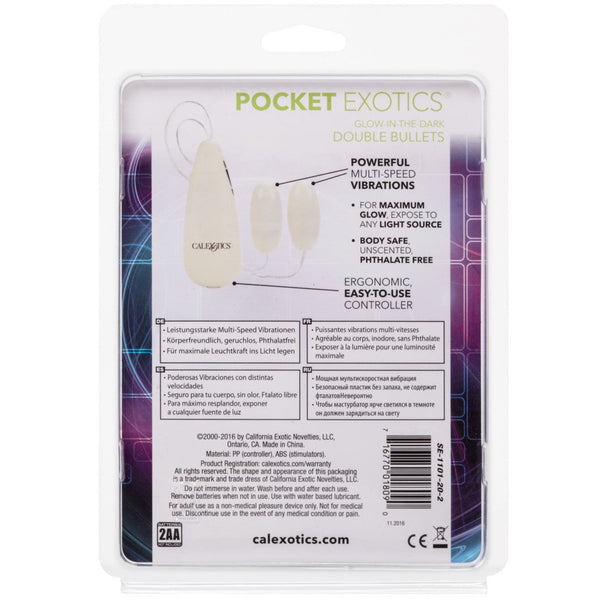 CalExotics Pocket Exotics Glow-in-the-Dark Double Bullets - Extreme Toyz Singapore - https://extremetoyz.com.sg - Sex Toys and Lingerie Online Store - Bondage Gear / Vibrators / Electrosex Toys / Wireless Remote Control Vibes / Sexy Lingerie and Role Play / BDSM / Dungeon Furnitures / Dildos and Strap Ons &nbsp;/ Anal and Prostate Massagers / Anal Douche and Cleaning Aide / Delay Sprays and Gels / Lubricants and more...