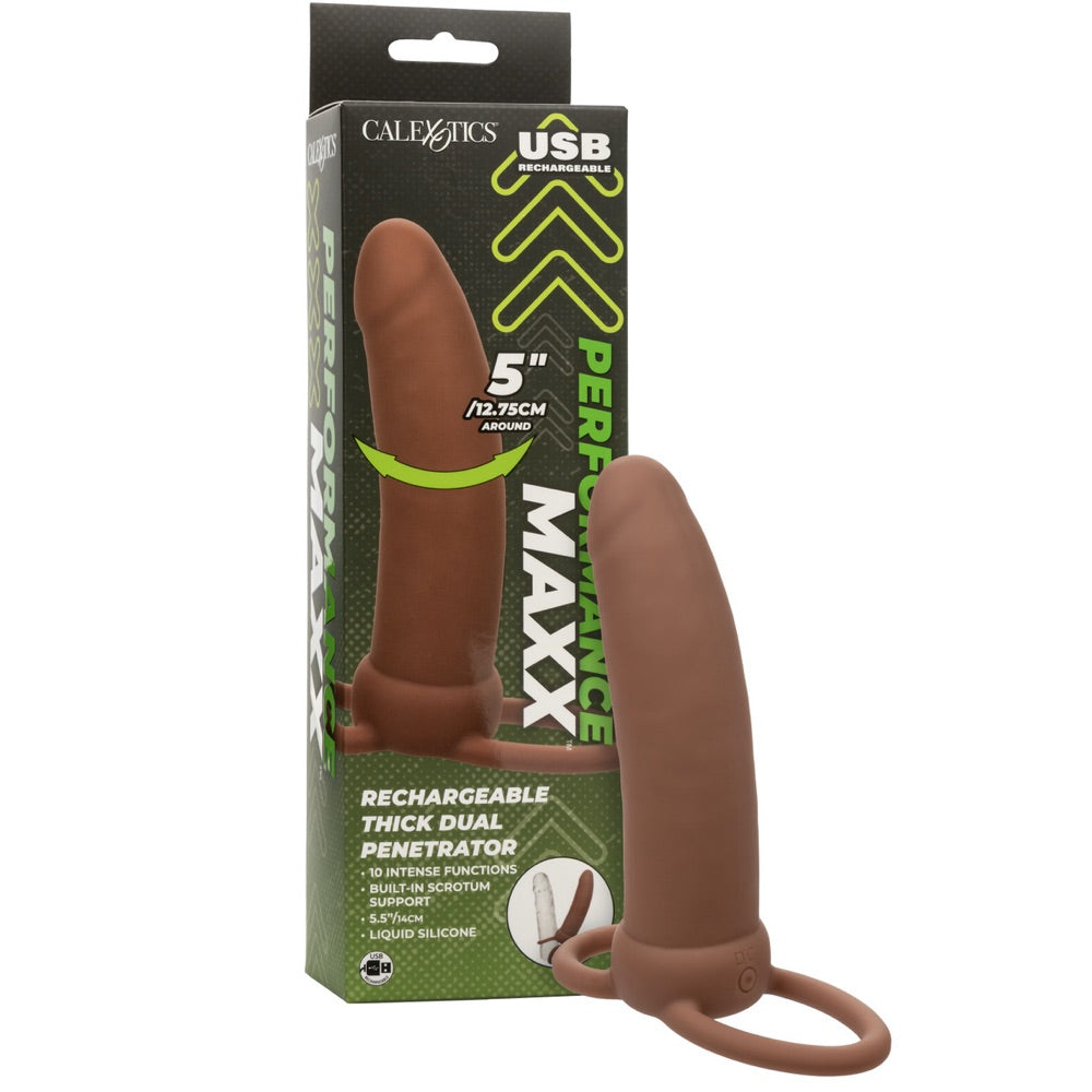 CalExotics Performance Maxx Rechargeable Silicone Thick Dual Penetrator - Brown - Extreme Toyz Singapore - https://extremetoyz.com.sg - Sex Toys and Lingerie Online Store - Bondage Gear / Vibrators / Electrosex Toys / Wireless Remote Control Vibes / Sexy Lingerie and Role Play / BDSM / Dungeon Furnitures / Dildos and Strap Ons &nbsp;/ Anal and Prostate Massagers / Anal Douche and Cleaning Aide / Delay Sprays and Gels / Lubricants and more...