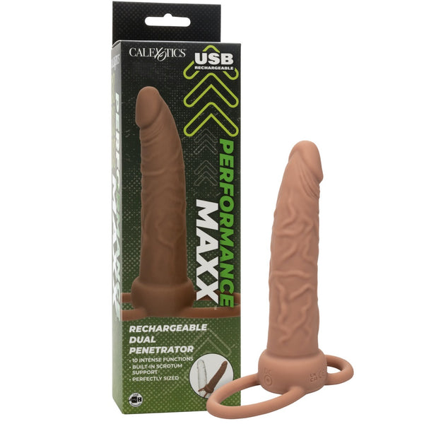 CalExotics Performance Maxx Rechargeable Silicone Dual Penetrator - Brown - Extreme Toyz Singapore - https://extremetoyz.com.sg - Sex Toys and Lingerie Online Store - Bondage Gear / Vibrators / Electrosex Toys / Wireless Remote Control Vibes / Sexy Lingerie and Role Play / BDSM / Dungeon Furnitures / Dildos and Strap Ons &nbsp;/ Anal and Prostate Massagers / Anal Douche and Cleaning Aide / Delay Sprays and Gels / Lubricants and more...