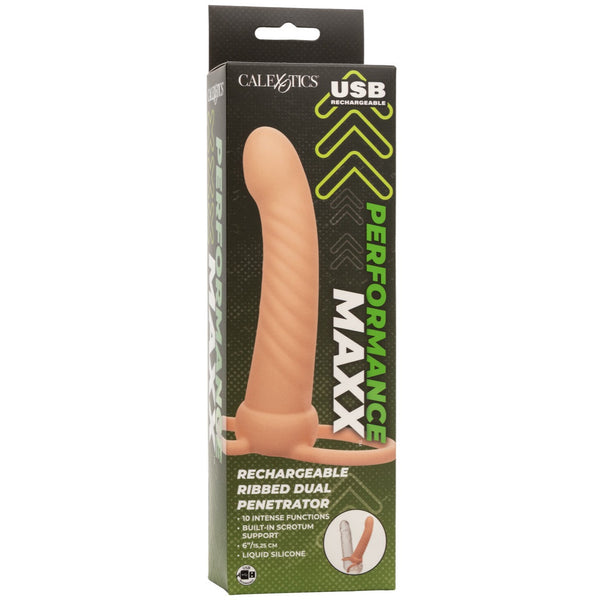 CalExotics Performance Maxx Rechargeable Silicone Ribbed Dual Penetrator - Ivory - Extreme Toyz Singapore - https://extremetoyz.com.sg - Sex Toys and Lingerie Online Store - Bondage Gear / Vibrators / Electrosex Toys / Wireless Remote Control Vibes / Sexy Lingerie and Role Play / BDSM / Dungeon Furnitures / Dildos and Strap Ons &nbsp;/ Anal and Prostate Massagers / Anal Douche and Cleaning Aide / Delay Sprays and Gels / Lubricants and more...