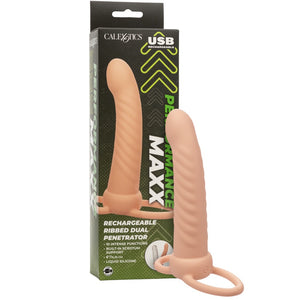 CalExotics Performance Maxx Rechargeable Silicone Ribbed Dual Penetrator - Ivory - Extreme Toyz Singapore - https://extremetoyz.com.sg - Sex Toys and Lingerie Online Store - Bondage Gear / Vibrators / Electrosex Toys / Wireless Remote Control Vibes / Sexy Lingerie and Role Play / BDSM / Dungeon Furnitures / Dildos and Strap Ons &nbsp;/ Anal and Prostate Massagers / Anal Douche and Cleaning Aide / Delay Sprays and Gels / Lubricants and more...