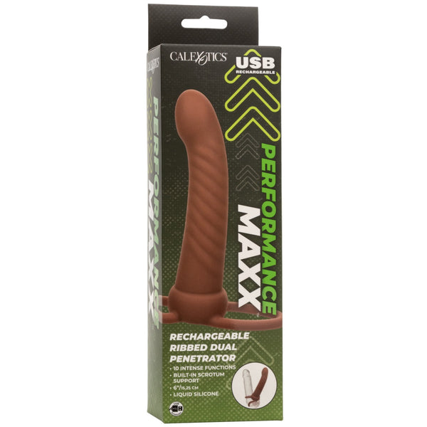 CalExotics Performance Maxx Rechargeable Silicone Ribbed Dual Penetrator - Brown - Extreme Toyz Singapore - https://extremetoyz.com.sg - Sex Toys and Lingerie Online Store - Bondage Gear / Vibrators / Electrosex Toys / Wireless Remote Control Vibes / Sexy Lingerie and Role Play / BDSM / Dungeon Furnitures / Dildos and Strap Ons &nbsp;/ Anal and Prostate Massagers / Anal Douche and Cleaning Aide / Delay Sprays and Gels / Lubricants and more...