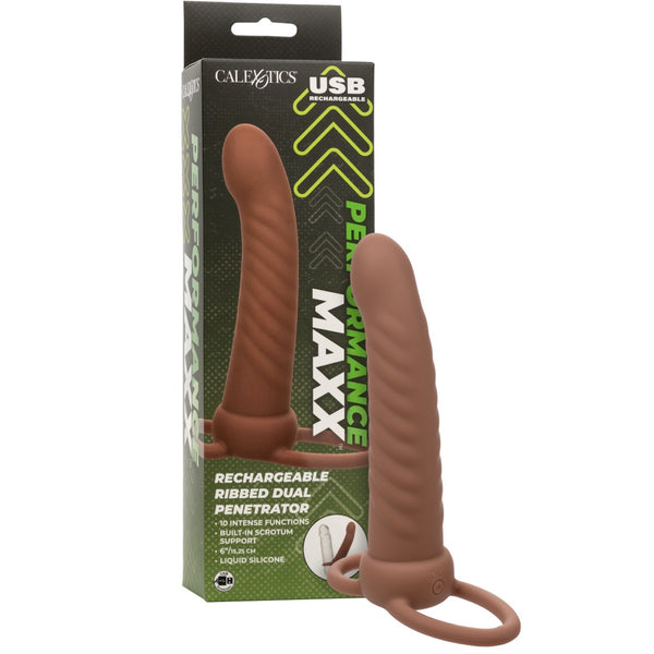 CalExotics Performance Maxx Rechargeable Silicone Ribbed Dual Penetrator - Brown - Extreme Toyz Singapore - https://extremetoyz.com.sg - Sex Toys and Lingerie Online Store - Bondage Gear / Vibrators / Electrosex Toys / Wireless Remote Control Vibes / Sexy Lingerie and Role Play / BDSM / Dungeon Furnitures / Dildos and Strap Ons &nbsp;/ Anal and Prostate Massagers / Anal Douche and Cleaning Aide / Delay Sprays and Gels / Lubricants and more...