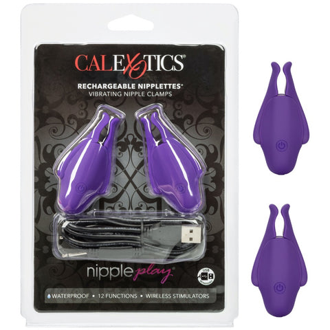 CalExotics Nipple Play Rechargeable Nipplettes Vibrating Nipple Clamps - Purple - Extreme Toyz Singapore - https://extremetoyz.com.sg - Sex Toys and Lingerie Online Store - Bondage Gear / Vibrators / Electrosex Toys / Wireless Remote Control Vibes / Sexy Lingerie and Role Play / BDSM / Dungeon Furnitures / Dildos and Strap Ons &nbsp;/ Anal and Prostate Massagers / Anal Douche and Cleaning Aide / Delay Sprays and Gels / Lubricants and more...