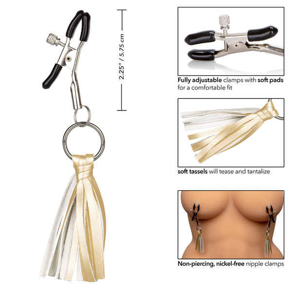 CalExotics Nipple Play Playful Tassels Nipple Clamps - Gold - Extreme Toyz Singapore - https://extremetoyz.com.sg - Sex Toys and Lingerie Online Store - Bondage Gear / Vibrators / Electrosex Toys / Wireless Remote Control Vibes / Sexy Lingerie and Role Play / BDSM / Dungeon Furnitures / Dildos and Strap Ons &nbsp;/ Anal and Prostate Massagers / Anal Douche and Cleaning Aide / Delay Sprays and Gels / Lubricants and more...