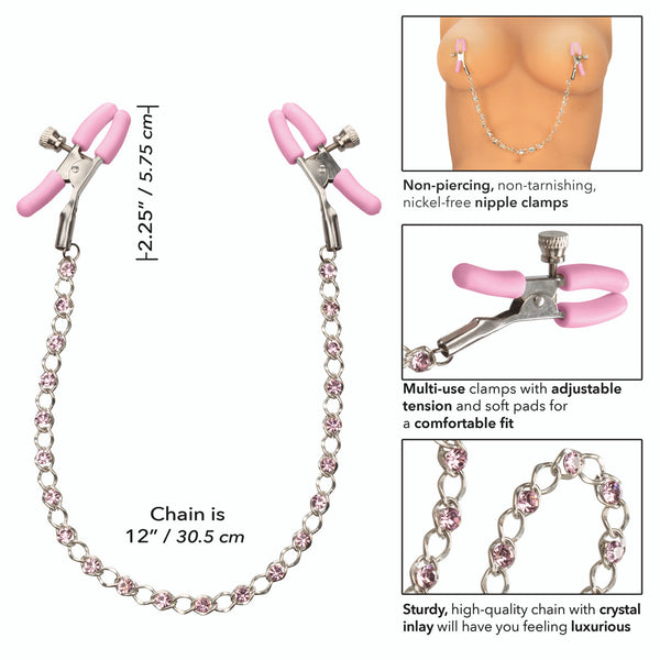 CalExotics Nipple Play Crystal Chain Nipple Clamps - Pink - Extreme Toyz Singapore - https://extremetoyz.com.sg - Sex Toys and Lingerie Online Store - Bondage Gear / Vibrators / Electrosex Toys / Wireless Remote Control Vibes / Sexy Lingerie and Role Play / BDSM / Dungeon Furnitures / Dildos and Strap Ons &nbsp;/ Anal and Prostate Massagers / Anal Douche and Cleaning Aide / Delay Sprays and Gels / Lubricants and more...