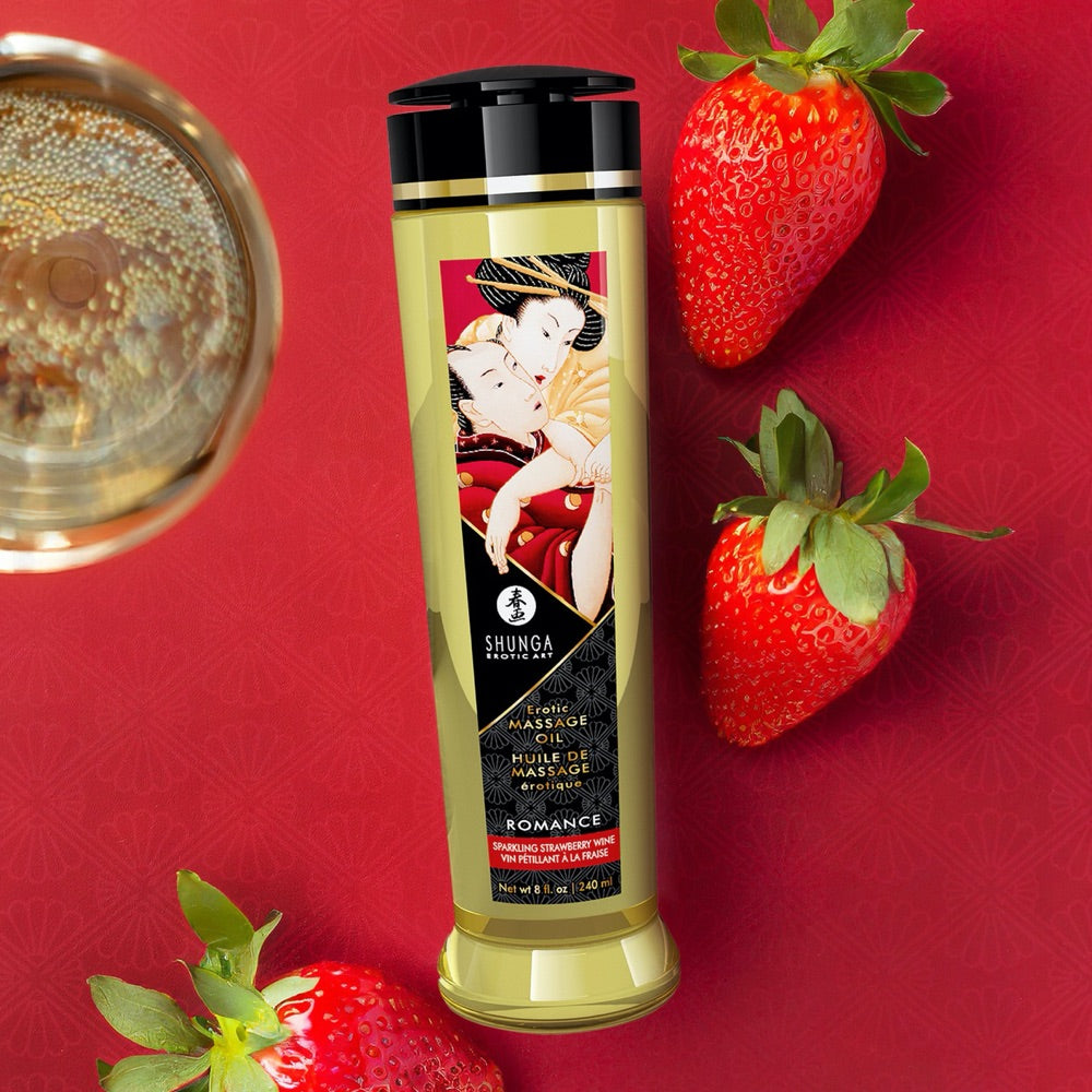 SHUNGA Erotic Massage Oil Romance  - Sparkling Strawberry Wine 240ml - Extreme Toyz Singapore - https://extremetoyz.com.sg - Sex Toys and Lingerie Online Store - Bondage Gear / Vibrators / Electrosex Toys / Wireless Remote Control Vibes / Sexy Lingerie and Role Play / BDSM / Dungeon Furnitures / Dildos and Strap Ons &nbsp;/ Anal and Prostate Massagers / Anal Douche and Cleaning Aide / Delay Sprays and Gels / Lubricants and more...