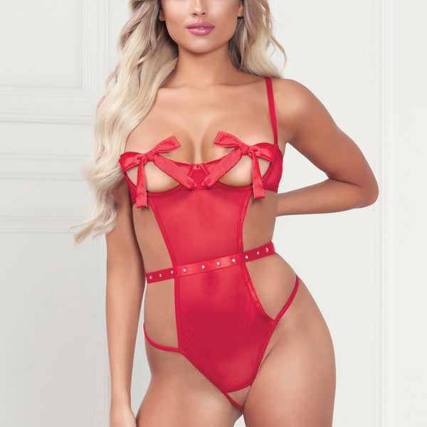 Mesh Teddy with Underwire & Satin Ribbon Bows - Red