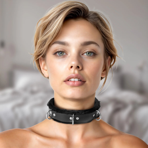 Narrow Fur Lined Leather Locking Collar