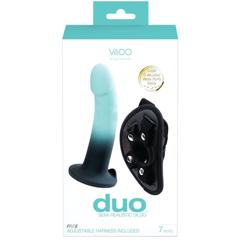 Duo Semi-Realistic Dildo With Harness - Turquoise & Black