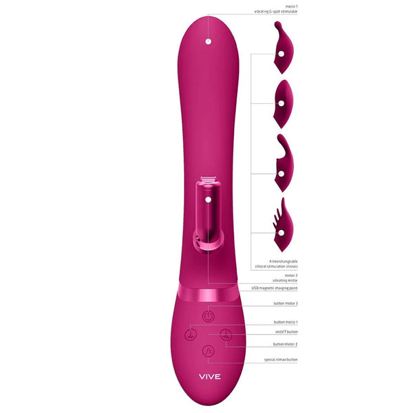 VIVE Chou Double-Action G-Spot Rabbit & Clitoral Stimulator with 4 Attachments - Pink