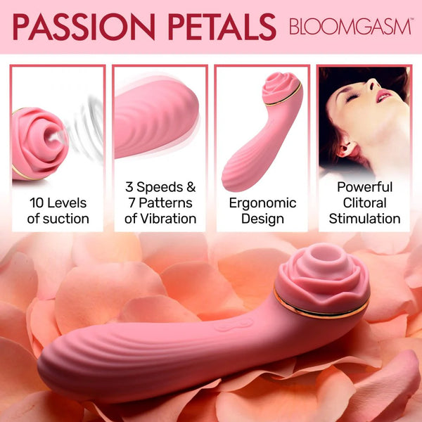 Passion Petals 10X Rechargeable Silicone Suction Rose Vibrator - Pink