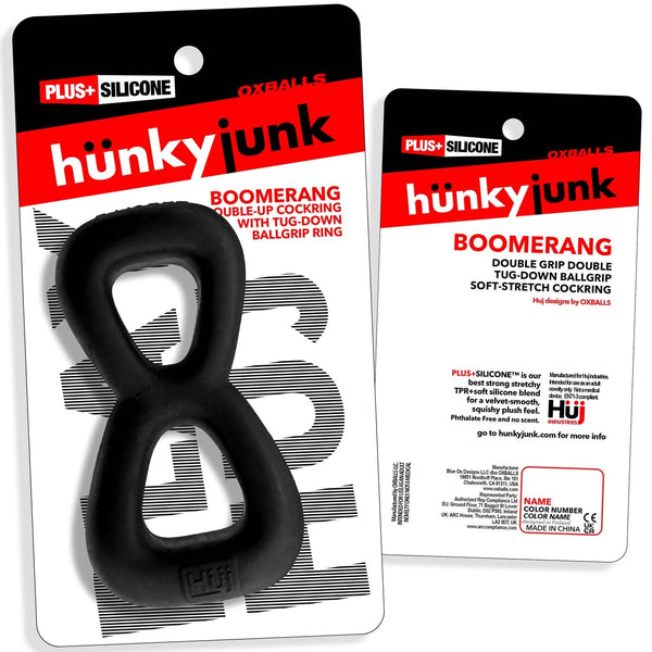 BOOMERANG Double-Ring Cockring & Nut-Tugger - Black Fog