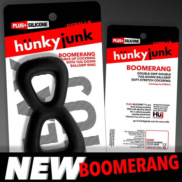 BOOMERANG Double-Ring Cockring & Nut-Tugger - Black Fog