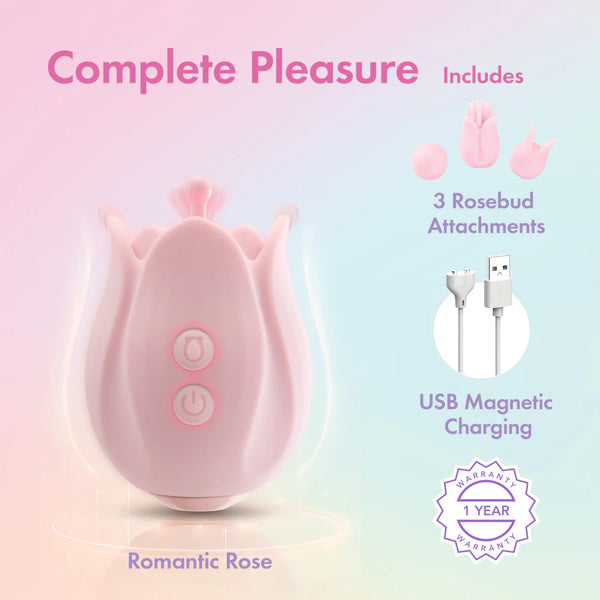 Play With Me Romantic Rose Rechargeable Vibrator With Rosebud Attachment Heads