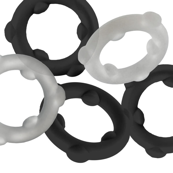GEARHEADS 5-pack Ultra-Play Liquid Silicone Cockrings - Vapor/Black