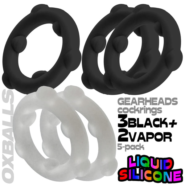 GEARHEADS 5-pack Ultra-Play Liquid Silicone Cockrings - Vapor/Black