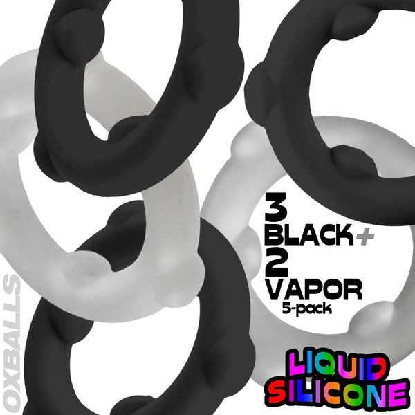 GEARHEADS 5-pack Ultra-Play Liquid Silicone Cockrings - Vapor/Black