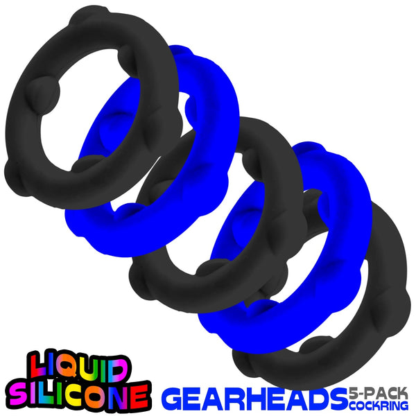 GEARHEADS 5-pack Ultra-Play Liquid Silicone Cockrings - Glacier/Black