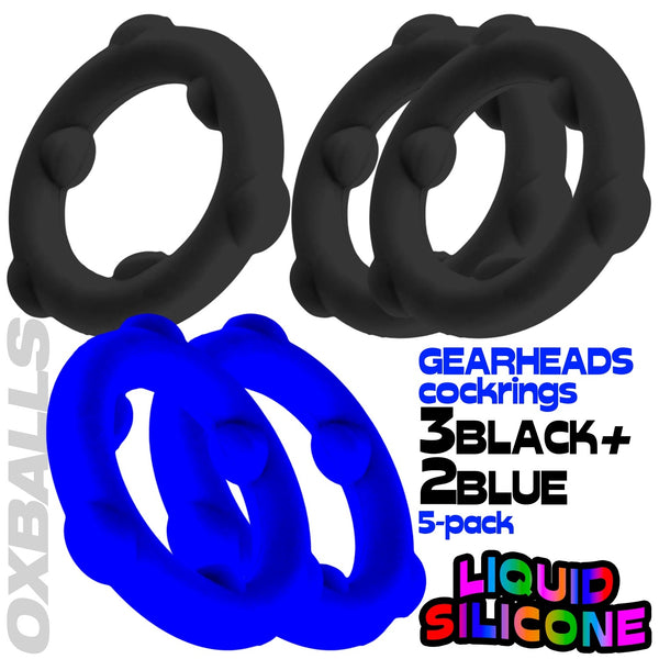 GEARHEADS 5-pack Ultra-Play Liquid Silicone Cockrings - Glacier/Black