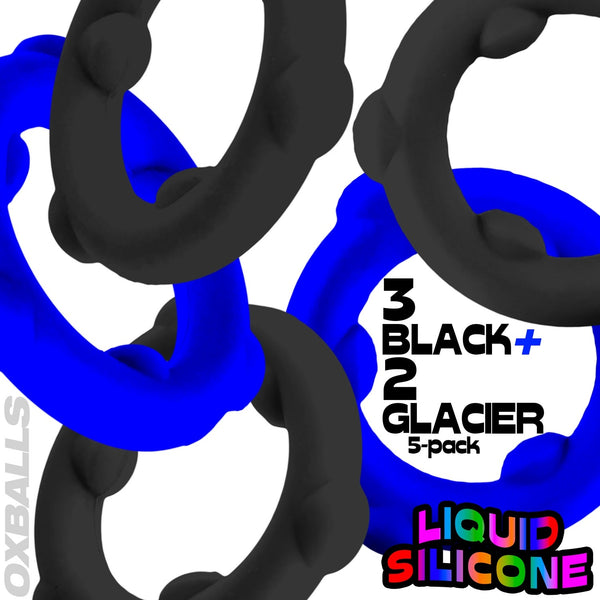 GEARHEADS 5-pack Ultra-Play Liquid Silicone Cockrings - Glacier/Black