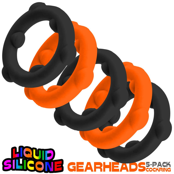 GEARHEADS 5-pack Ultra-Play Liquid Silicone Cockrings - Orange/Black