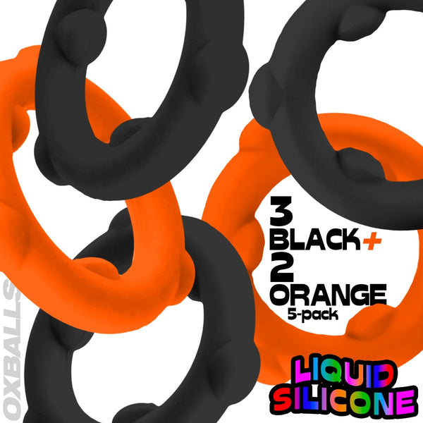 GEARHEADS 5-pack Ultra-Play Liquid Silicone Cockrings - Orange/Black