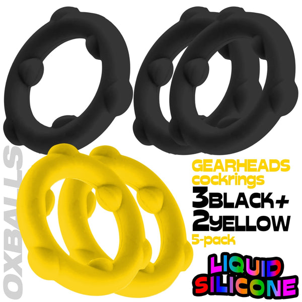 GEARHEADS 5-pack Ultra-Play Liquid Silicone Cockrings - Yellow/Black