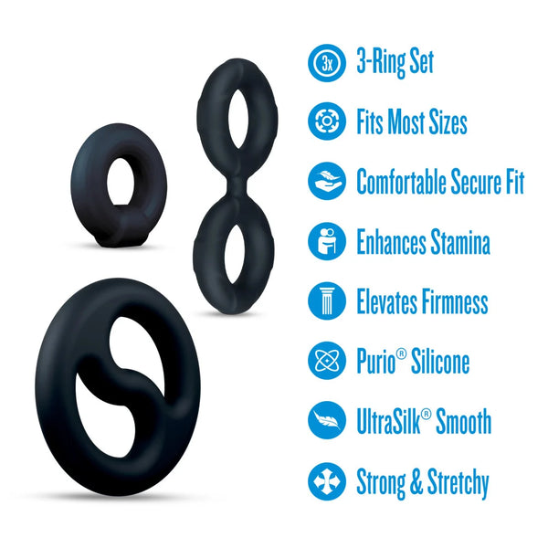 Performance Plus Throttle Platinum-Cured Silicone 3 Piece Cock Ring & Ball Stretcher Set