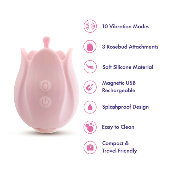 Play With Me Romantic Rose Rechargeable Vibrator With Rosebud Attachment Heads