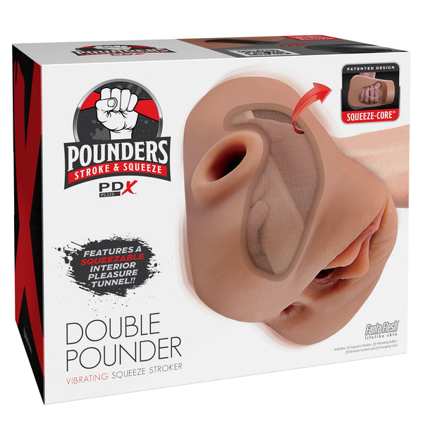 PDX Plus Double Pounder Vibrating Squeeze Stroker with Remote - Brown