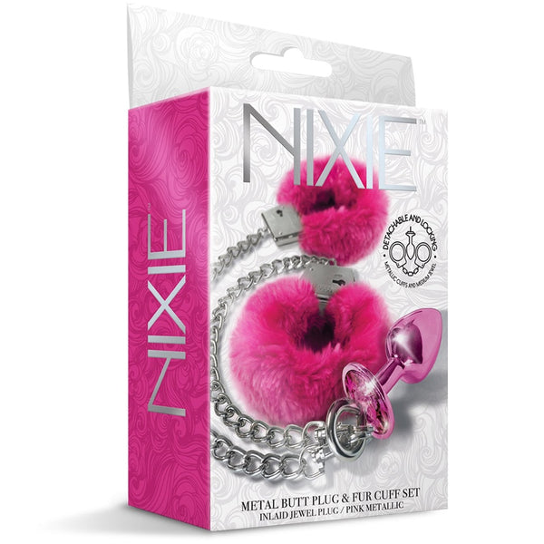 Global Novelties NIXIE Metal Butt Plug and Furry Handcuff Set (2 Colours Available) - Extreme Toyz Singapore - https://extremetoyz.com.sg - Sex Toys and Lingerie Online Store