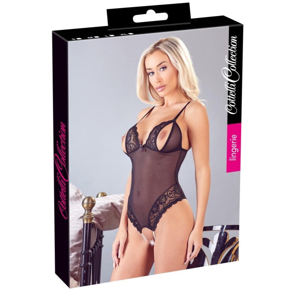 Cottelli Collection Peek-A-Boo Open Cup Body With Crotchless Pearl String (4 Sizes Available) - Extreme Toyz Singapore - https://extremetoyz.com.sg - Sex Toys and Lingerie Online Store