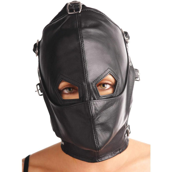 Asylum Leather Hood with Removable Blindfold and Muzzle