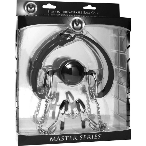Master Series Hinder Breathable Silicone Ball Gag with Nipple Clamps - Extreme Toyz Singapore - https://extremetoyz.com.sg - Sex Toys and Lingerie Online Store - Bondage Gear / Vibrators / Electrosex Toys / Wireless Remote Control Vibes / Sexy Lingerie and Role Play / BDSM / Dungeon Furnitures / Dildos and Strap Ons  / Anal and Prostate Massagers / Anal Douche and Cleaning Aide / Delay Sprays and Gels / Lubricants and more...