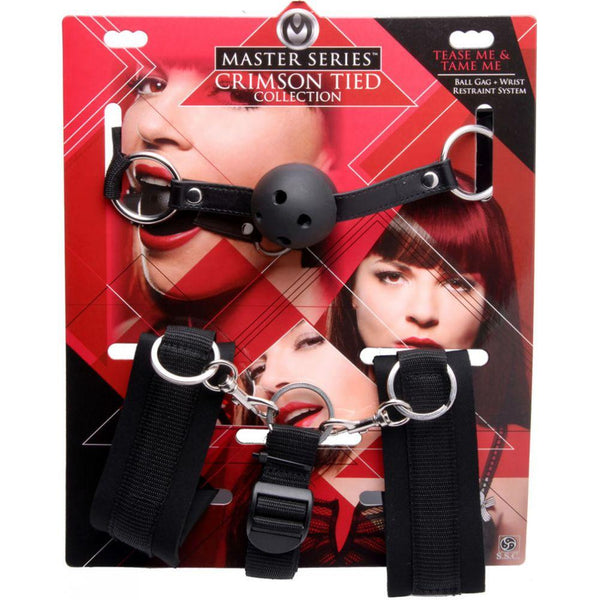 Master Series Crimson Tied Tease Me & Tame Me Ball Gag + Wrist Restraint System - Extreme Toyz Singapore - https://extremetoyz.com.sg - Sex Toys and Lingerie Online Store