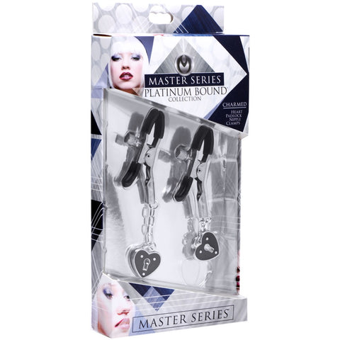 Master Series Platinum Bound Charmed Heart Padlock Nipple Clamps - Extreme Toyz Singapore - https://extremetoyz.com.sg - Sex Toys and Lingerie Online Store