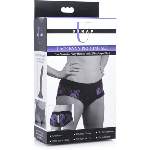 Strap U Lace Envy Pegging Set with Lace Crotchless Panty Harness and Dildo - L-XL - Extreme Toyz Singapore - https://extremetoyz.com.sg - Sex Toys and Lingerie Online Store