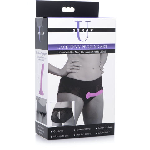 Strap U Lace Envy Black Pegging Set with Lace Crotchless Panty Harness and Dildo - L-XL - Extreme Toyz Singapore - https://extremetoyz.com.sg - Sex Toys and Lingerie Online Store