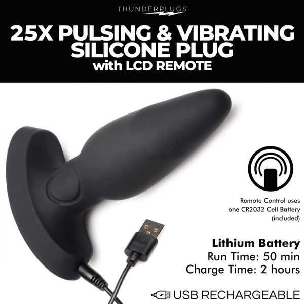 ThunderPlugs 25X Pulsing and Vibrating Silicone Rechargeable Plug with Remote - Extreme Toyz Singapore - https://extremetoyz.com.sg - Sex Toys and Lingerie Online Store