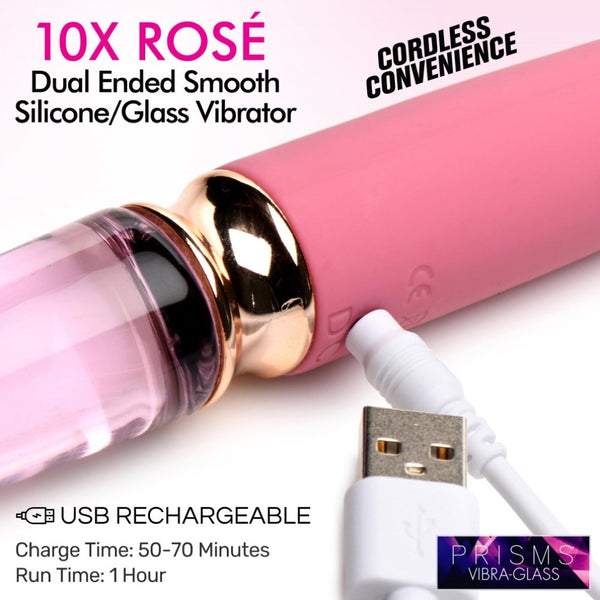 Prisms Erotic Glass 10X Rosé Dual Ended Smooth Silicone and Glass Rechargeable Vibrator - Extreme Toyz Singapore - https://extremetoyz.com.sg - Sex Toys and Lingerie Online Store