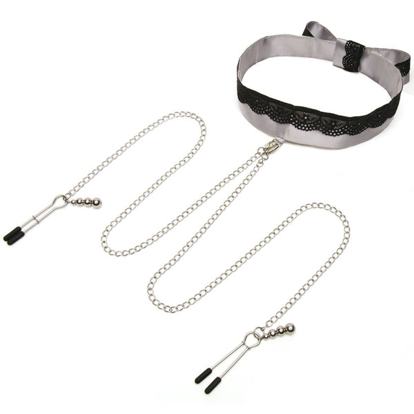 Fifty Shades of Grey Play Nice Collection: Satin and Lace Collar and Nipple Clamps - Extreme Toyz Singapore - https://extremetoyz.com.sg - Sex Toys and Lingerie Online Store
