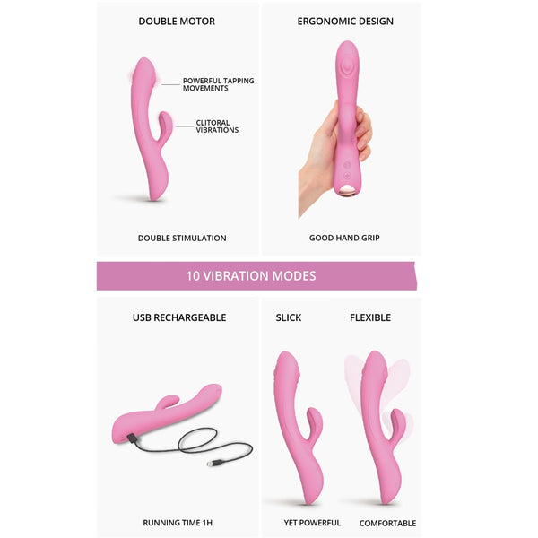 LOVE TO LOVE Bunny & Clyde Tapping Rechargeable Rabbit Vibrator - Pink Passion - Extreme Toyz Singapore - https://extremetoyz.com.sg - Sex Toys and Lingerie Online Store