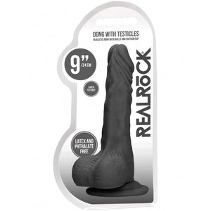 Shots America RealRock 9" Dong with Testicles - Black - Extreme Toyz Singapore - https://extremetoyz.com.sg - Sex Toys and Lingerie Online Store