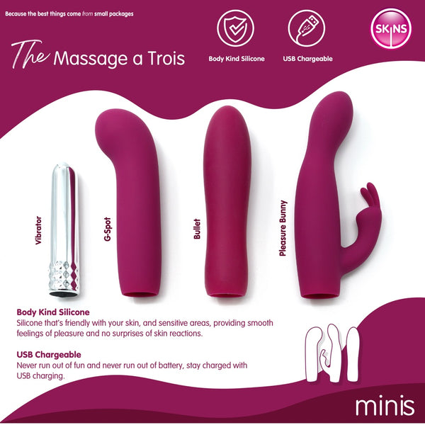 Skins Minis The Massage á Trios Rechargeable Vibrator & Sleeves Set - Extreme Toyz Singapore - https://extremetoyz.com.sg - Sex Toys and Lingerie Online Store