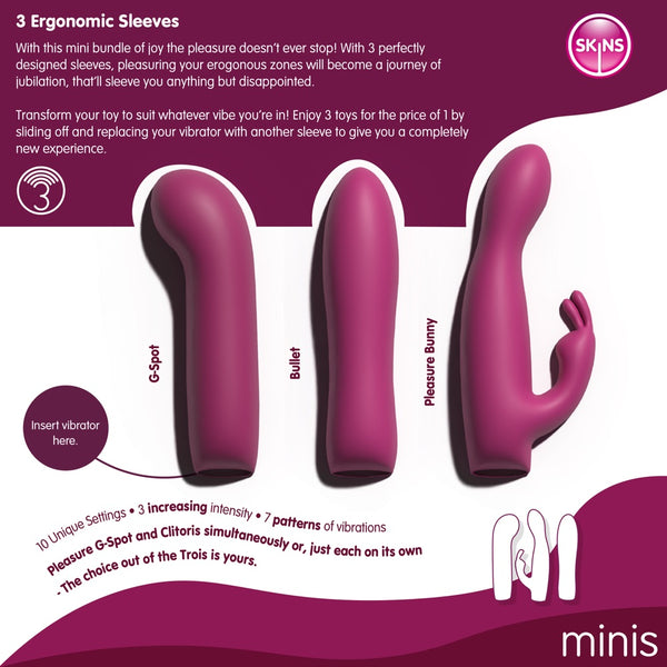 Skins Minis The Massage á Trios Rechargeable Vibrator & Sleeves Set - Extreme Toyz Singapore - https://extremetoyz.com.sg - Sex Toys and Lingerie Online Store
