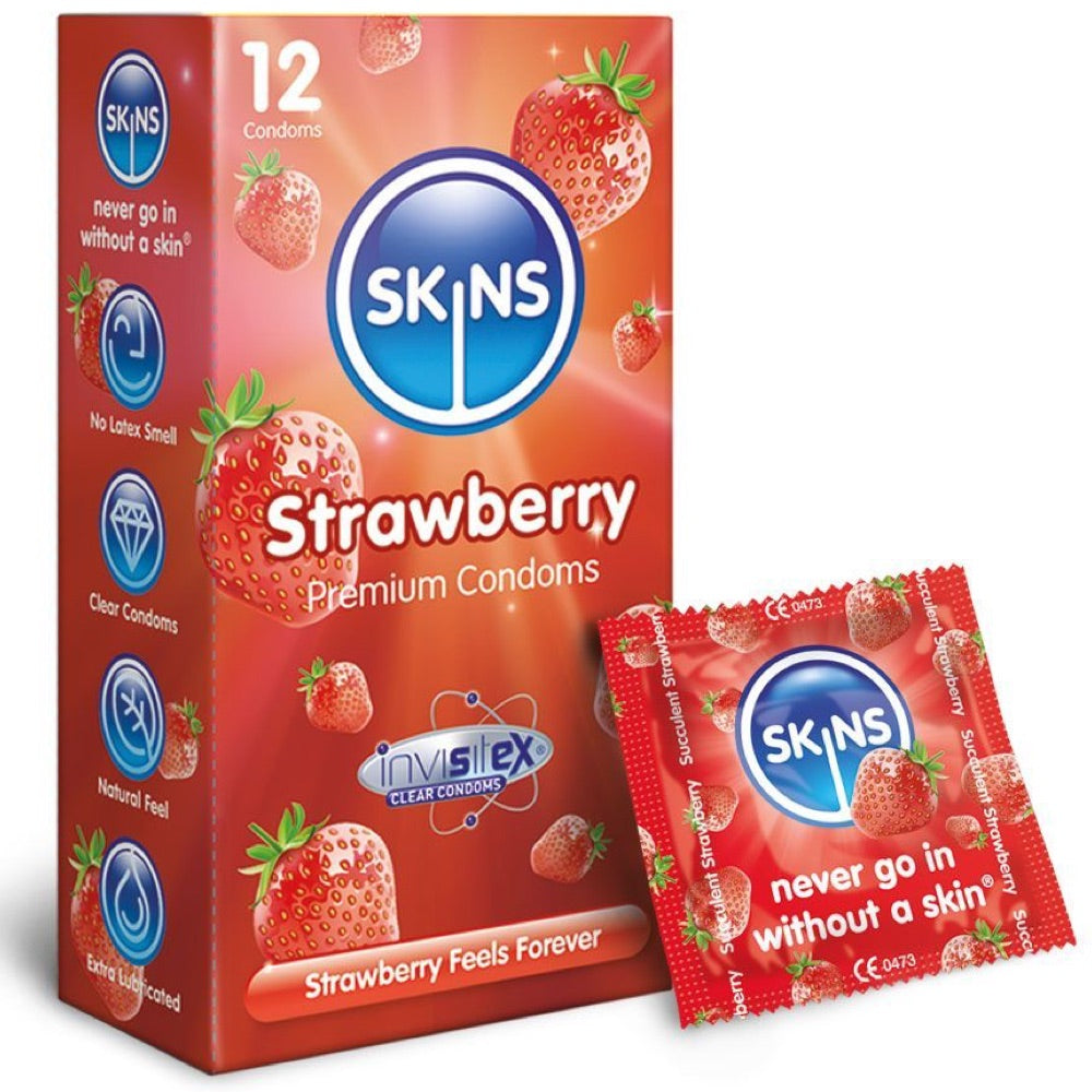 Skins Strawberry Condoms - 12 Pack - Extreme Toyz Singapore - https://extremetoyz.com.sg - Sex Toys and Lingerie Online Store