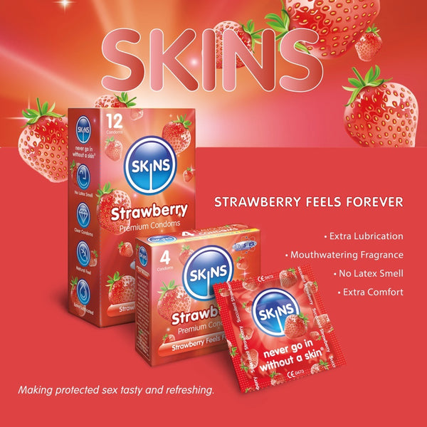 Skins Strawberry Condoms - 4 Pack - Extreme Toyz Singapore - https://extremetoyz.com.sg - Sex Toys and Lingerie Online Store