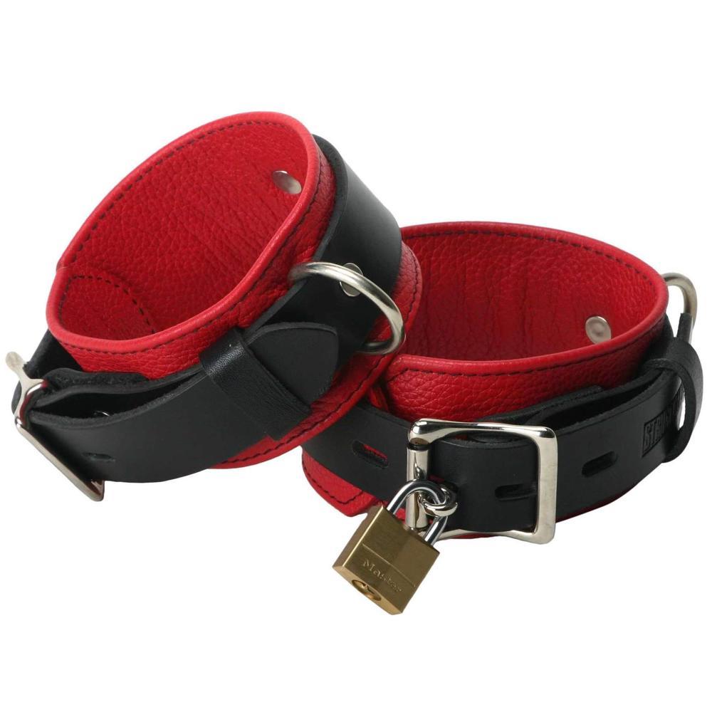 Strict Leather Deluxe Black and Red Locking Ankle Cuffs Extreme Toyz Singapore